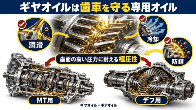 ギヤオイルの定義と潤滑・冷却・防錆の3つの役割、MT用とデフ用の2種類を示した図解
