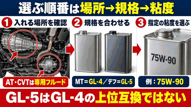 ギヤオイルを入れる場所・規格・粘度の順に選ぶ手順の図解