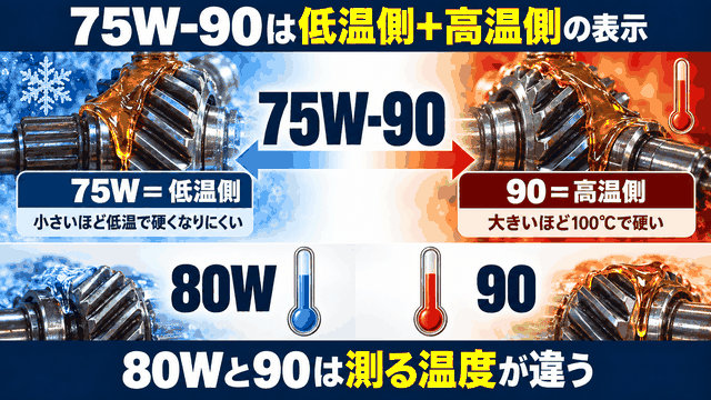 ギヤオイルの粘度表記75W-90の読み方と80W・90の違いを示した図解