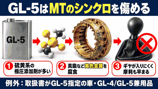GL-5の極圧添加剤がMTの真鍮製シンクロを傷める仕組みを示した図解