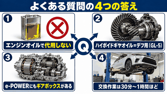 ギヤオイルのよくある質問4つ（代用・ハイポイド・e-POWER・作業時間）の答えを整理した図解