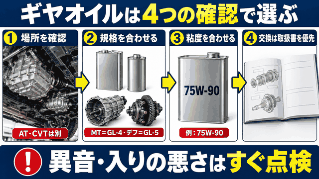 ギヤオイル選びの確認手順4ステップと点検の目安をまとめた図解