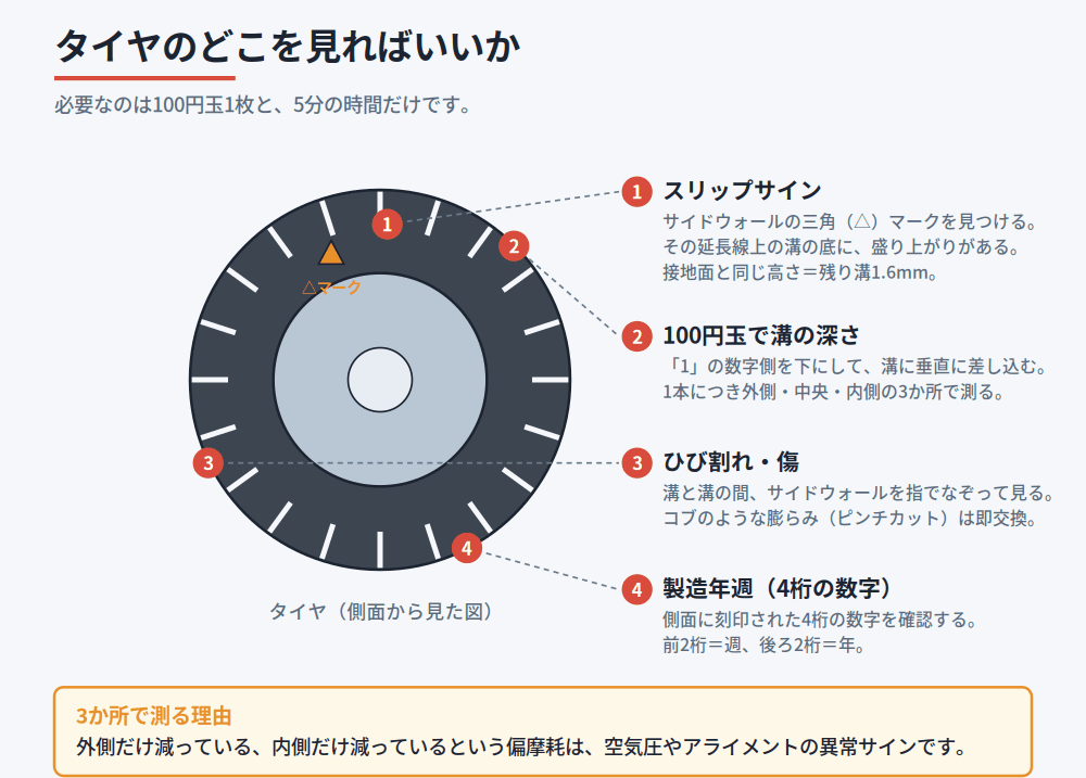 スリップサインの三角マーク・100円玉・ひび割れ・製造年週の刻印を、タイヤのどこで確認するかを示した図