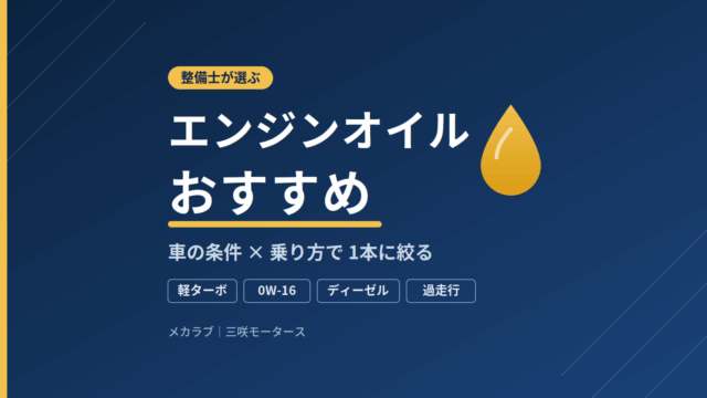 車の条件と乗り方でエンジンオイルを1本に絞る早見表記事のアイキャッチ。整備士が選ぶ、エンジンオイルおすすめ
