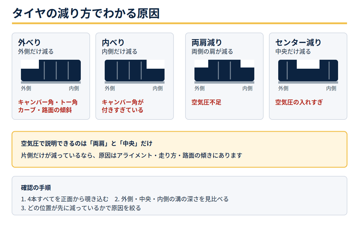 タイヤの摩耗パターン4種の見分け方。外べり・内べり・両肩減り・センター減りの断面図と主な原因
