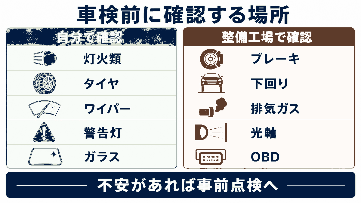 車検前に自分で確認する項目と整備工場で確認する項目の比較図解