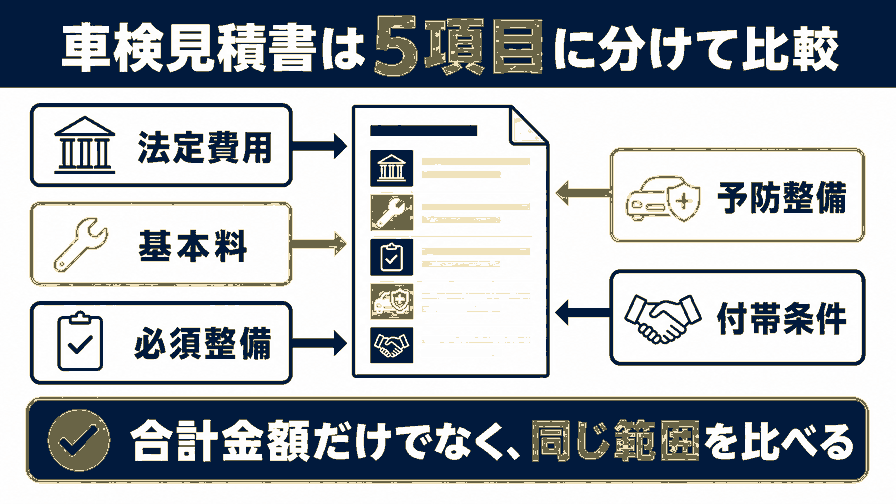 車検見積書を法定費用など5項目に分けて比べる図解