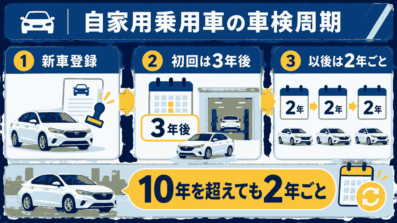 自家用乗用車は新車登録後3年、以後2年ごとに車検を受ける流れ