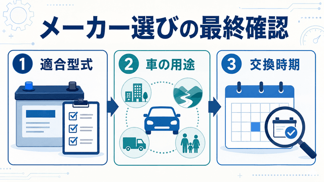 カーバッテリーメーカー選びで適合型式・用途・交換時期を確認する図解