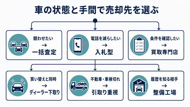 車の状態と手間から6種類の売却先を選ぶ判断図
