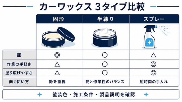 固形・半練り・スプレーワックスの特徴を比較する図解