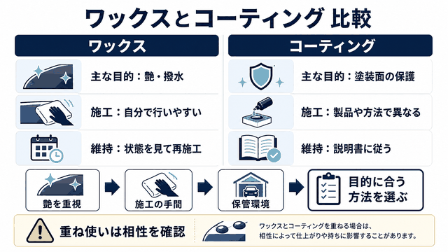 ワックスとコーティングを目的と維持方法で比較する図解