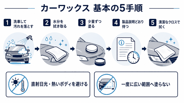 洗車からワックス拭き取りまでの基本手順を示す図解