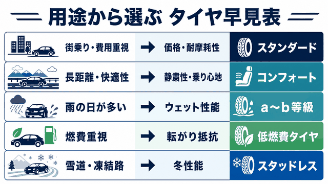 街乗り・長距離・雨・燃費・雪の用途から重視性能とタイヤ種類を選ぶ早見図