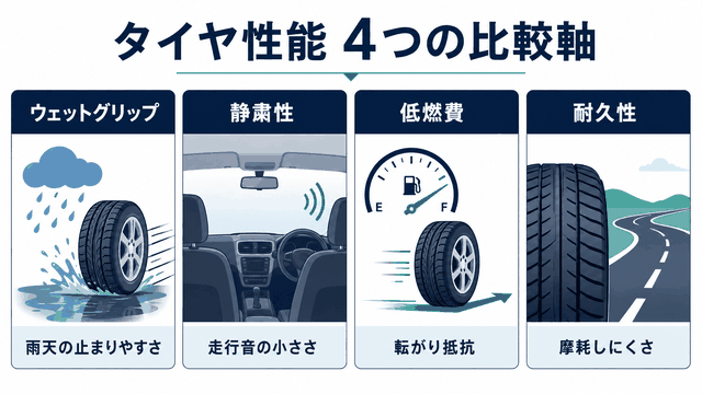ウェットグリップ・静粛性・低燃費・耐久性の4性能を比較する図解