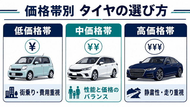 低価格・中価格・高価格帯に向く使い方を比較した図解