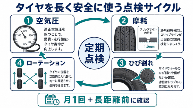 空気圧・摩耗・ひび割れ・ローテーションを定期点検する図解