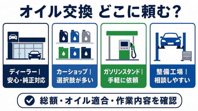 エンジンオイル交換場所4タイプの特徴を比較する図解