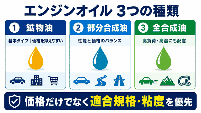 鉱物油・部分合成油・全合成油の特徴を比較する図解