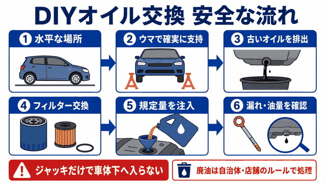 DIYでエンジンオイルを交換する安全手順の図解