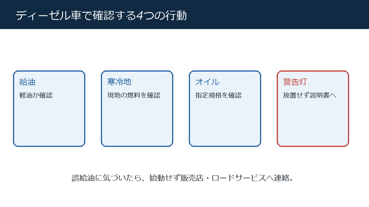 ディーゼル車で確認する給油・寒冷地・オイル・警告灯の行動図