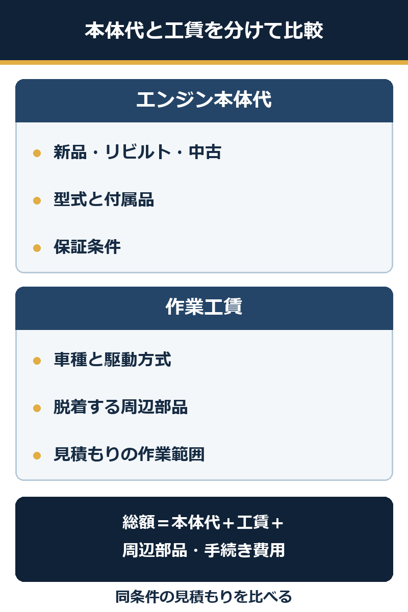 エンジン本体代と工賃を分け、型式・保証・作業範囲を比較する縦長図