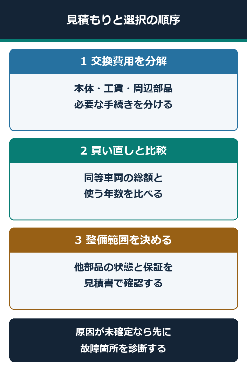 交換費用を分解し買い替え費用と残りの使用期間を比較する手順図