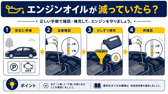 エンジンオイルが少ないときの安全な確認と補充の流れを示す図解