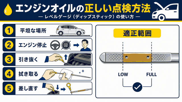 オイルゲージでエンジンオイル量を正しく確認する手順の図解