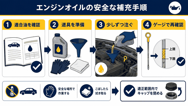 適合するエンジンオイルを少量ずつ安全に補充する手順の図解