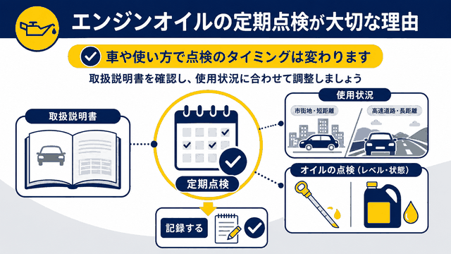 取扱説明書と使用状況に合わせてエンジンオイル点検を管理する図解