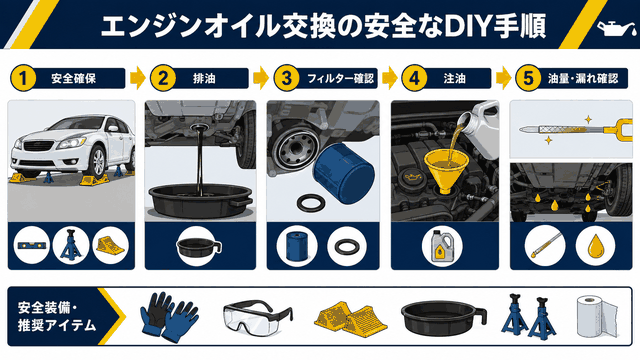 DIYでエンジンオイルを交換するときの安全な作業工程を示す図解