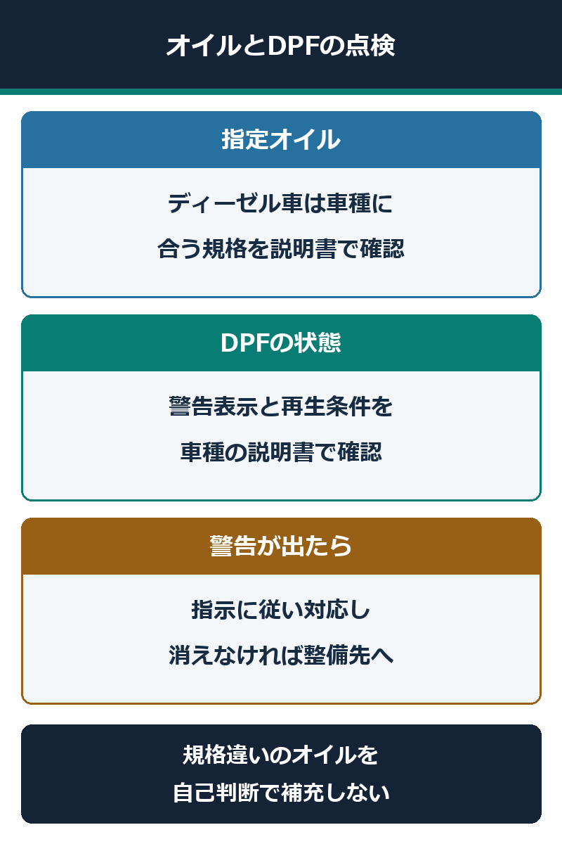 指定オイルとDPFの警告・再生条件を取扱説明書で確認する図