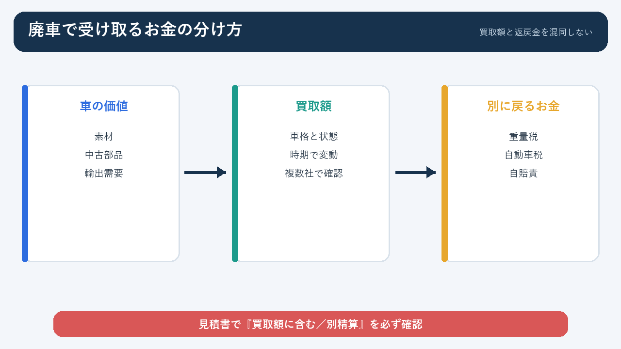 廃車の買取額と税金・保険の返戻金を分けて確認する流れ