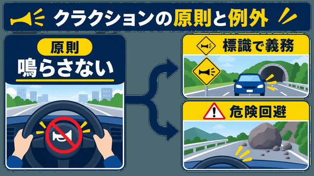 クラクションは原則鳴らさず標識のある場所と危険回避時のみ使うことを示す図解