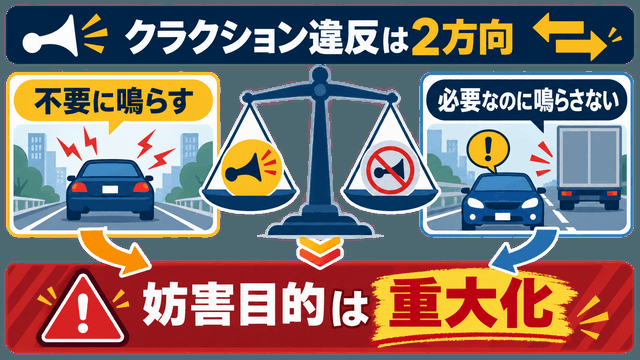 クラクションを不要に鳴らす場合と必要な場面で鳴らさない場合の違反を比較する図解