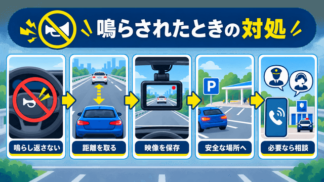 クラクションを鳴らされたときに反応せず安全確保・記録・相談する手順図