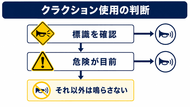 警笛標識と目前の危険を確認してクラクション使用を判断するフロー図