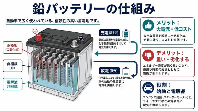 鉛バッテリーが充放電する仕組みとメリット・デメリットを示す図解