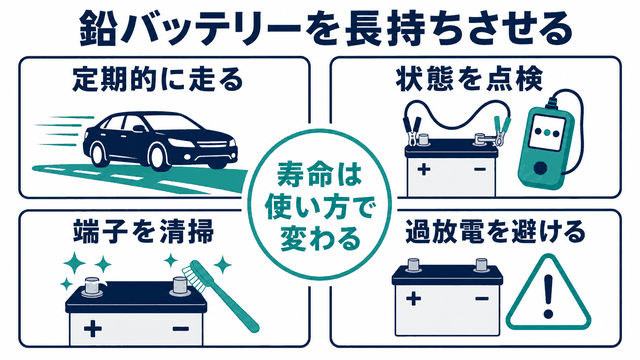 鉛バッテリーを長持ちさせる定期点検と使用上のポイントを示す図解