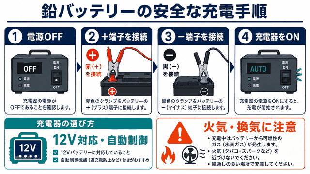 鉛バッテリー充電器の選び方と安全な接続手順を示す図解