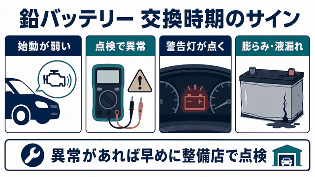 始動性・電圧・外観から鉛バッテリーの交換時期を判断する図解