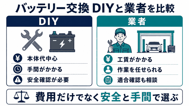 鉛バッテリー交換のDIYと業者依頼を費用・手間・安全性で比較する図解