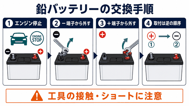 鉛バッテリーを安全に交換する取り外しと取り付けの順序を示す図解