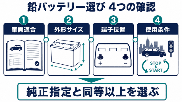 車両適合・サイズ・用途・性能から鉛バッテリーを選ぶ図解