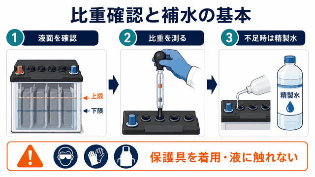 鉛バッテリーの比重確認と精製水補水の注意点を示す図解
