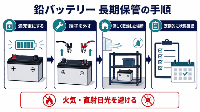 鉛バッテリーを長期保管するときの充電・端子・保管場所の注意点