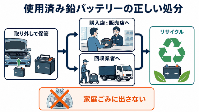 使用済み鉛バッテリーを販売店や回収業者へ正しく引き渡す流れの図解