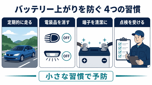 定期走行・電装品確認・端子清掃・点検でバッテリー上がりを防ぐ図解