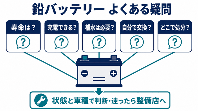 鉛バッテリーの寿命・充電・補水・交換・処分を確認するQ&Aチェック図
